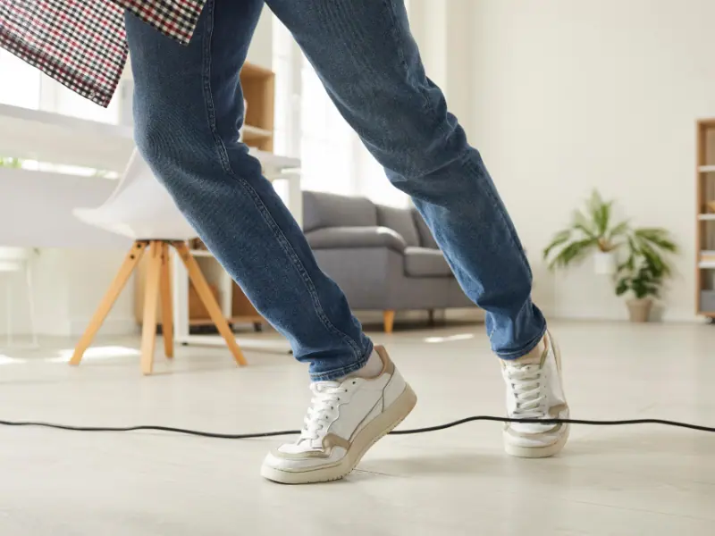 Compliance im Homeoffice. Ein Mann stolpert über ein Kabel in seiner Wohnung.