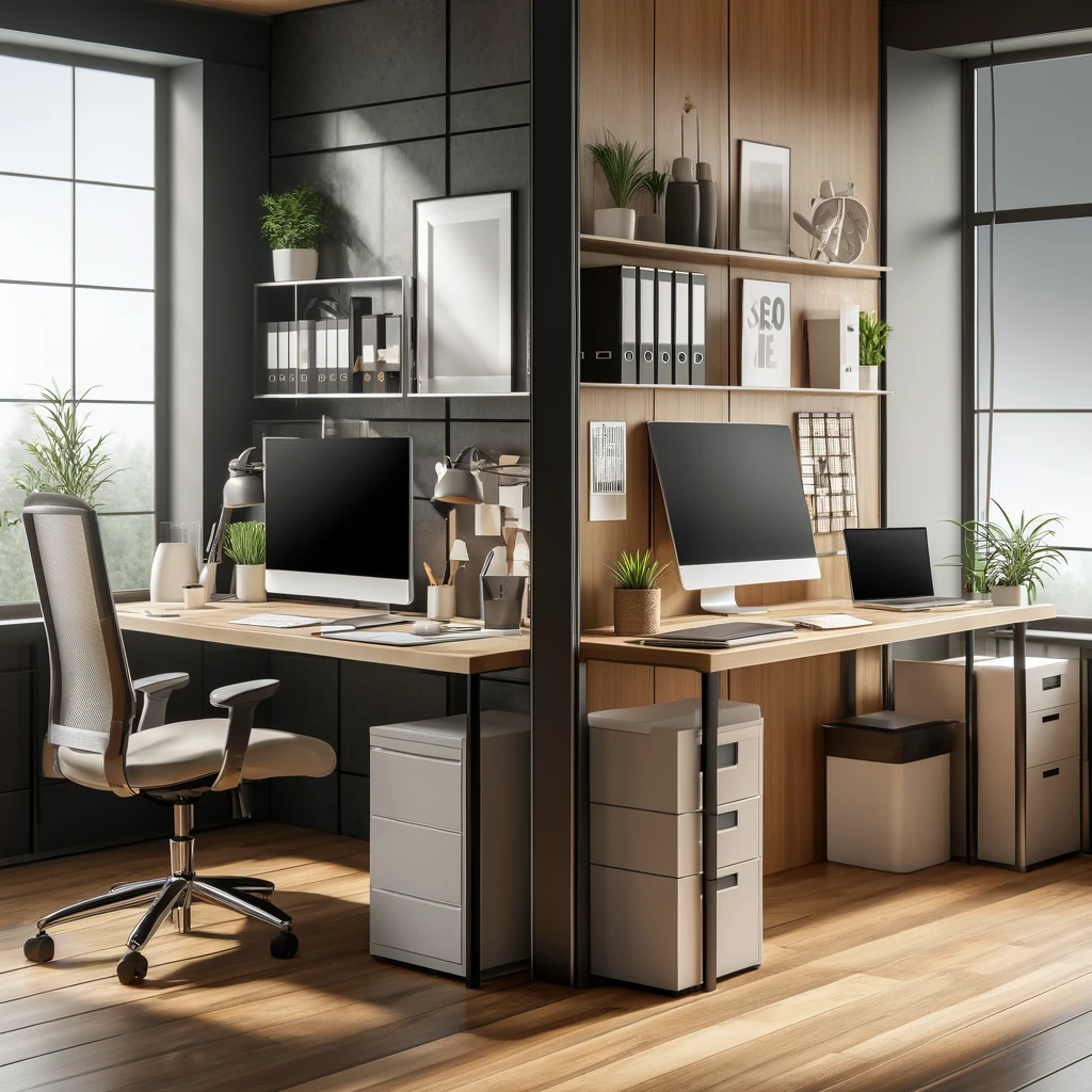 Moderner hybrider Arbeitsplatz mit ergonomischen Möbeln für Arbeitsschutz im Homeoffice
