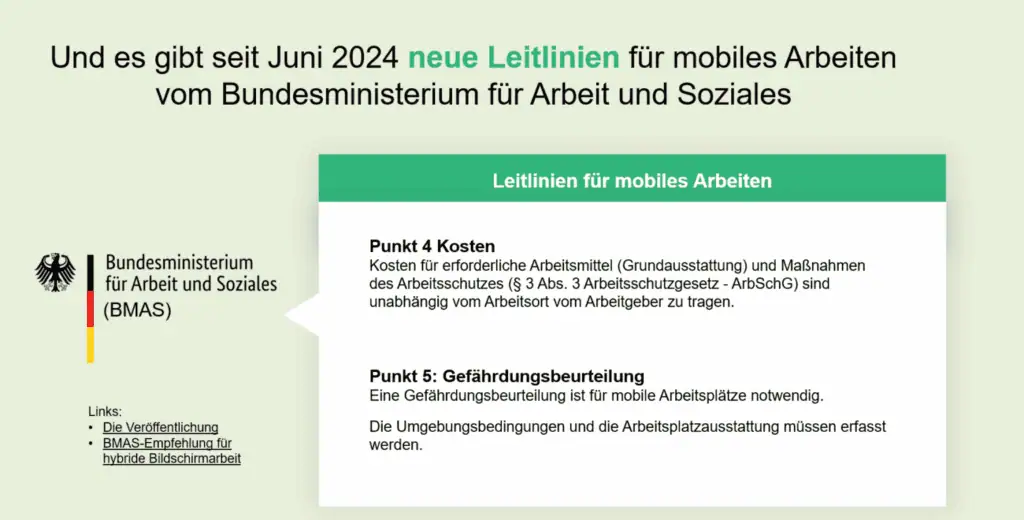 Grafik des BMAS mit neuen Leitlinien zu Arbeitsschutz, Kosten und Gefährdungsbeurteilung beim mobilen Arbeiten ab Juni 2024