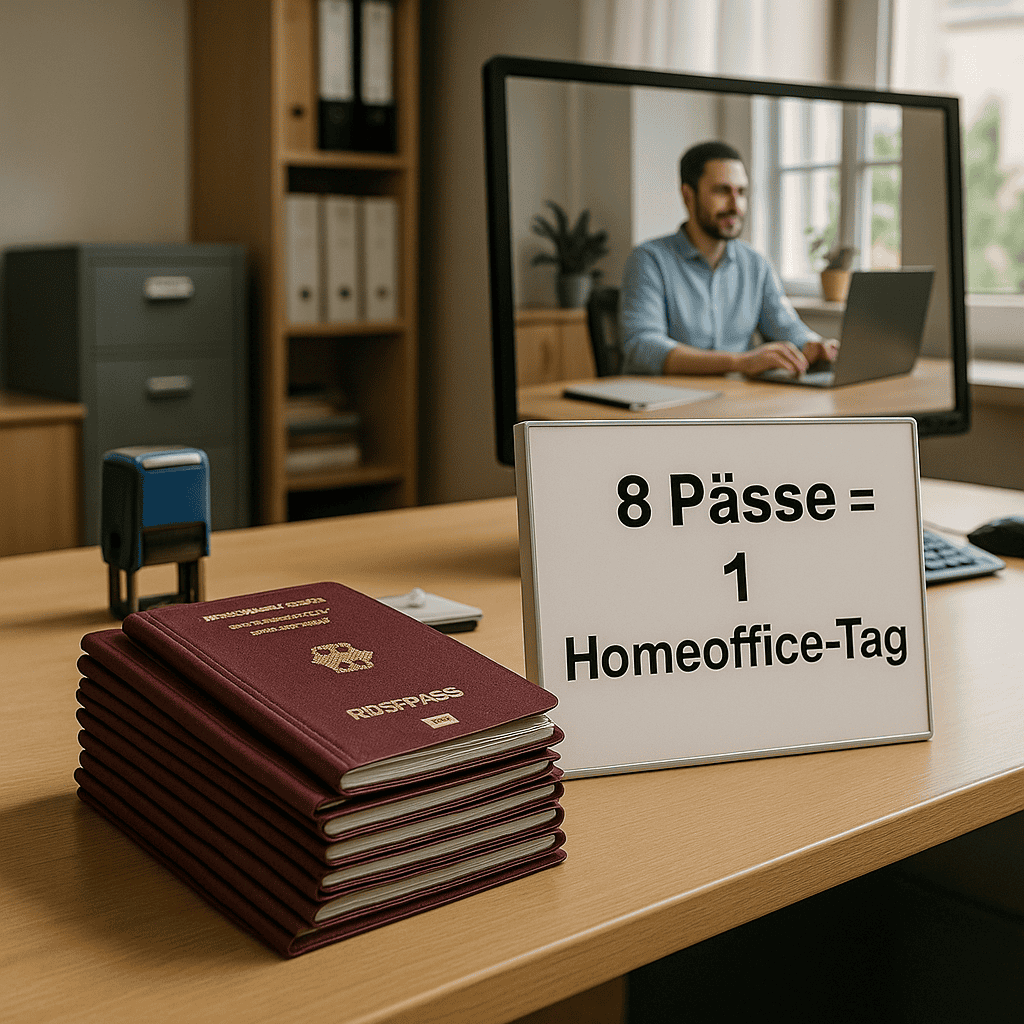 Stapel burgunderroter Reisepässe neben Schild „8 Pässe = 1 Homeoffice-Tag“, im Hintergrund Mitarbeiter im Remote-Call.